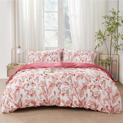  Queen Size Red Leaf Print Duvet Cover Set 3pcs Cozy Queen (90