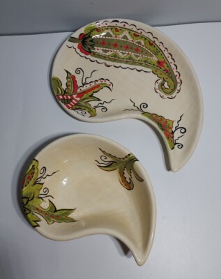 Pier 1 Imports Earthenware Jardine Paisley Shaped Plate/Salsa Dish Hand Painted-image