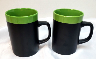 Pier 1 Imports Stoneware Coffee Mugs Cups Black With Lime Green Stripe Set of 2-image