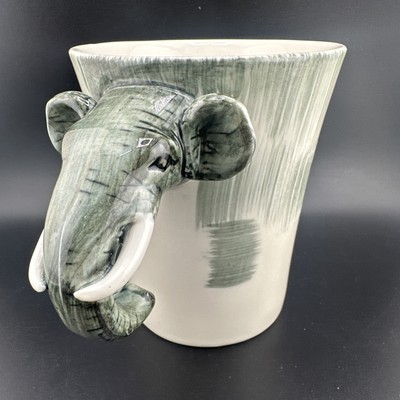 Pier 1 One Imports 3D Elephant Head Handle Coffee Mug Tea Cup 16 oz Gray White-image