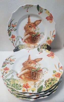 Pier 1 Imports Lilly Easter Bunny Rabbit Salad Plates Retired 8.5” Set 5-image