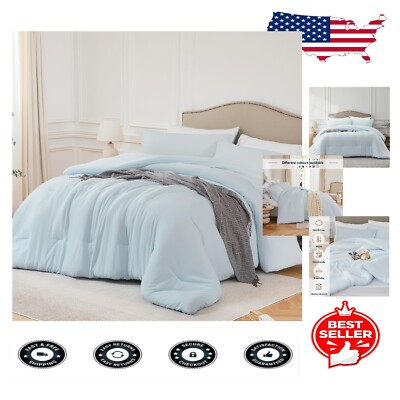3PC Sky Blue California King Comforter Set - Modern, Soft, and Easy Care Bedding-image