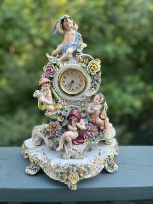 large Antique Sitzendorf Dresden Porcelain mantle Clock Cherubs 4seasons alegory-image