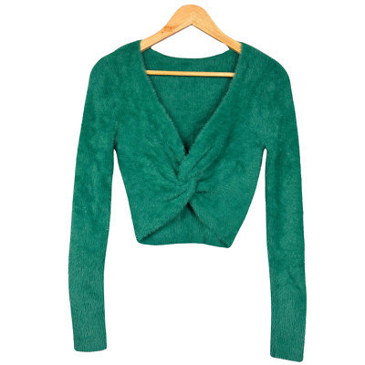 Aerie Sweater Womens Fluffy 4 Ever Reversible Twist Small Green Y2K Cozy Girly-image