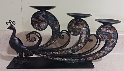 Pier 1 Import Metal Ornate Peacock 3 Candle Holder Glass Mirrored Tiles-image