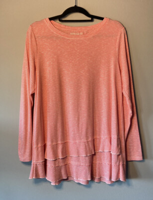 Soft Surroundings Long Sleeve Ruffle Striped TShirt M Coral Cozy Comfort-image