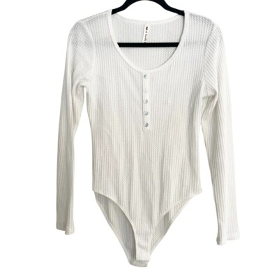 Vanilla Bay Waffle Knit Bodysuit Henley Long Sleeve White Size M Fairycore Cozy-image