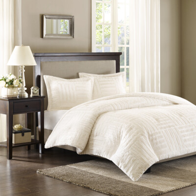 ULTRA PLUSH SUPER SOFT WARM COZY MODERN FUR STRIPE IVORY WHITE COMFORTER SET-image