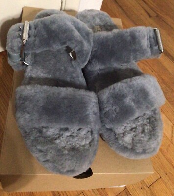 Ugg Fuzz Yeah Gray Shearling Fur Slid Sandals Cozy Women Size 10-image
