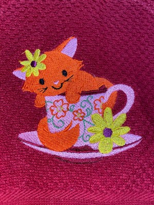 Embroidered Red Mainstays Kitchen Hand Towel Orange Kitten in a Teacup HS3025-image