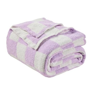  Soft Cozy Checkerboard Lilac Blanket - Fluffy Knit Throw for Couch - Plaid -image