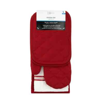 Mainstays Kitchen Towels, Oven Mitt & Pot Holder 5 Pack Set Red & White-image