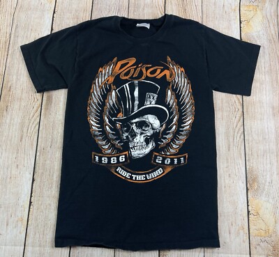 Vintage Poison Rock Band Black Skull  Ride The Wind Motorcycle T Shirt Small-image