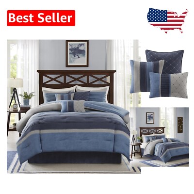 Cozy Queen Comforter Set in Blue Grey - Includes Bed Skirt & Decorative Pillows-image