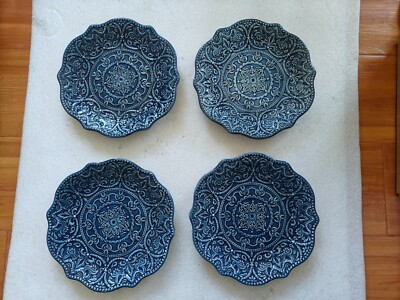 4x PIER 1 Chateau Clair Scalloped Indigo Blue 8.5” Salad Dessert Plates-image