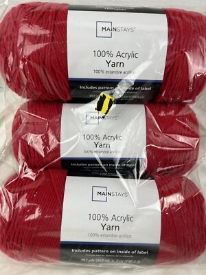 Mainstays 100% Acrylic Yarn Red Lot of 3 397 Yards Each New Crocheting Knitting-image