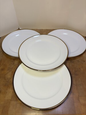 New! Set of 4 Pier 1 Imports Grace Gold Rim White Porcelain Dinner Plates 10.5”-image