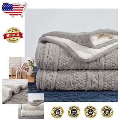 Light Grey Chunky Knit Sherpa Throw - Cozy 60x80 Fleece Blanket for All Seasons-image