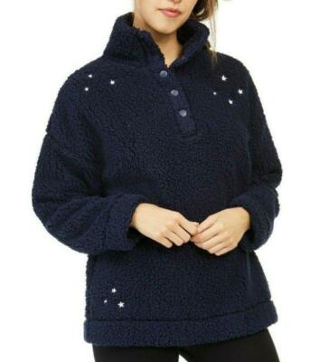 NWT Jenni Faux Sherpa Cozy Pullover Placed Stars Navy Medium-image
