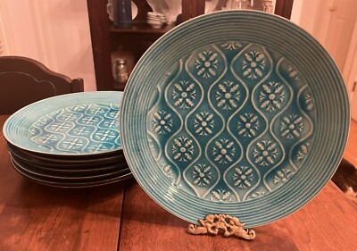 8 Pier 1 Imports Stoneware Blue Turquoise Crackle Dinner 11” Plate Set-image
