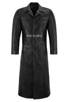 Men Black Leather Long Coat Genuine Lambskin Wind Breaker Long Trench Coat-image