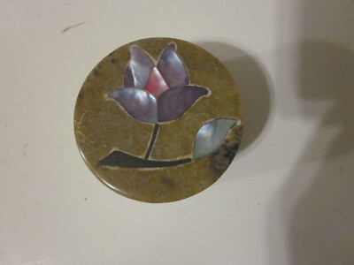 Vintage Soapstone Trinket Box Miniature INLAID Floral Design India SARA IMPORTS-image