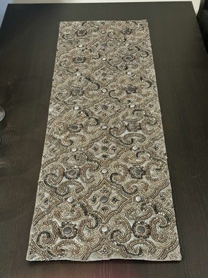 Pier 1 Beaded Table Runner  – Elegant Metallic Silver & Gold Scroll Design-image