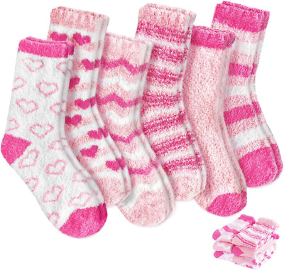 6 Pairs Womens Fuzzy Socks,Cozy Fluffy Slipper Sock,Pink Heart Sleep Socks for A-image