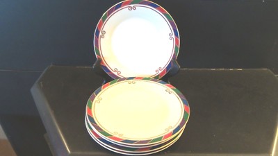 Pier1 Celebration Porcelain Salad/Dessert Plates x5 Multi-color Band,Gold Swirls-image