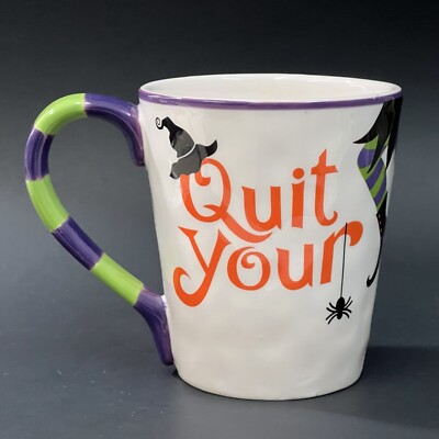 Pier 1 Exclusive QUIT YOUR WITCHING Purple Orange Halloween Ironstone Mug 4.5