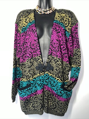 Renée Tener For Jeanne Pierre Vtg Cozy Winter Sweater Magenta Teal Olive Sz L-image