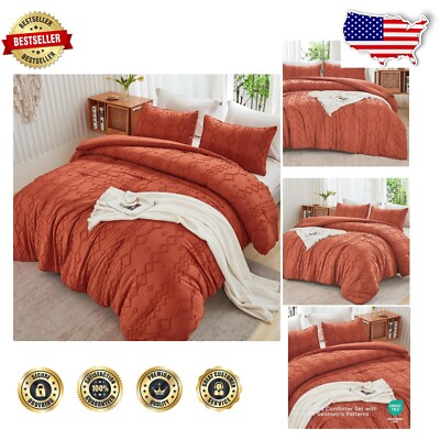 Modern Geometric Tufted King Comforter Set, Terracotta Color, 3-Piece Bedding-image
