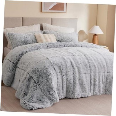  Malea Shaggy Bedding Comforter Set, Long Faux Fur Cozy Full/Queen Black/White-image