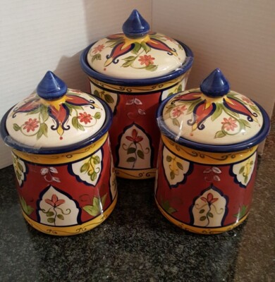 PIER 1 IMPORTS VALLARTA DESIGN CANISTER SET - SET OF 3 - HAND PAINTED - EUC-image