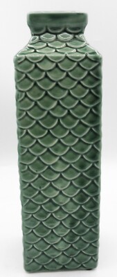 Pier 1 Imports Embossed Fish Scale Ceramic Vase 11 Inch Green Classic Design-image
