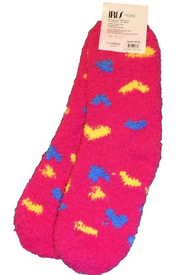 NEW IRIS Cozy Fleece Socks Pink With Blue Yellow Hearts Size One Size-image