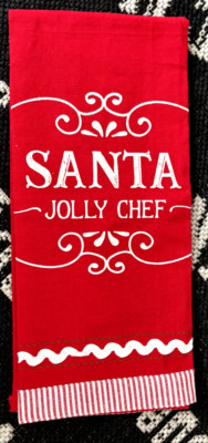 New Vtg DESIGN IMPORTS  SANTA CLAUS Jolly Chef Tea Kitchen TOWEL Red XMAS Cotton-image