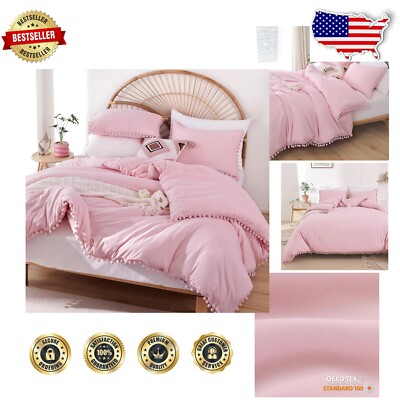 Dust Pink King Size Comforter Set with Pom Fringe - All Seasons Soft Bedding-image