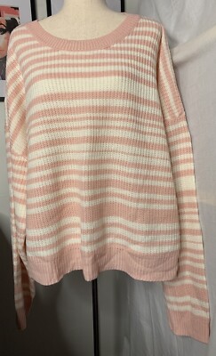 Wednesday’s Girl Women’s Pullover LS Knitted Sweater Pink White Striped Size 28-image
