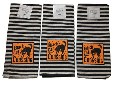 NEW BLACK CAT CROSSING Cotton Halloween Kitchen Towels Set Of 3 Design Imports-image