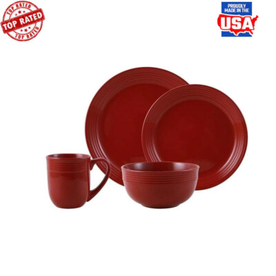 Red Stoneware Dinnerware Set 16-Piece 4 Dishwasher Microwave Safe Gloss Finish-image