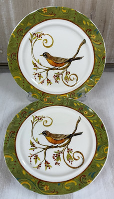 Pier 1 Robin Bird 8.5” Salad Plate Set of 2 Green Rim Retired RARE Farmhouse-image