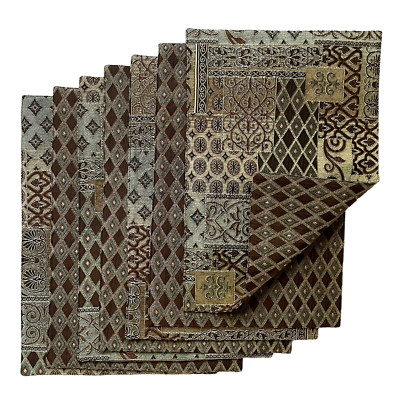 Formal Dining Placemat Set of 7 Chenille Reversible Brown Turquoise Gold 13 x 19-image