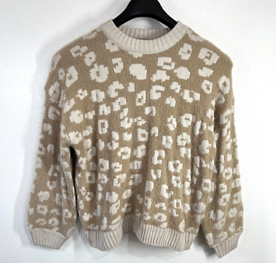 Splendid Mal Leopard Sweater Womens Small Beige Pullover Crew Neck Cozy Soft-image