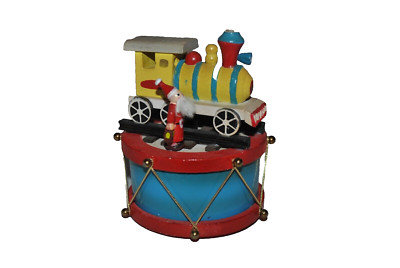 VTG Wooden Drum Christmas Toys Wind Up Music Box Train SANTA Plays Jingle Bells-image