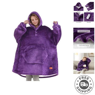 Gender Neutral Wearable Blanket Hoodie - Cozy Sherpa Fleece, One Size Fits All-image