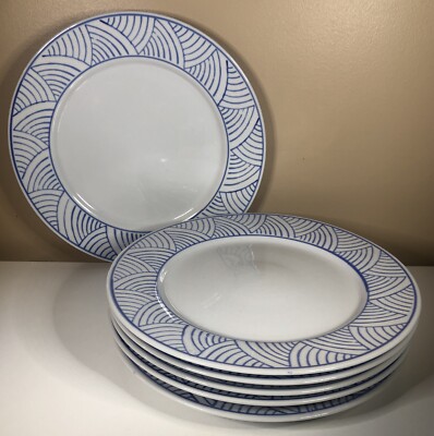Himark Mandarin for PIER 1 IMPORTS White w/ Blue Curves Set of 6 DINNER PLATES-image
