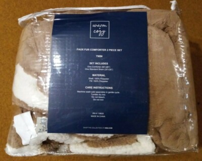 Warm & Cozy Reversible Faux Fur 2 piece Comforter Set, Natural, Twin-image