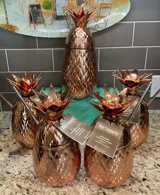 PIER 1 IMPORTS Pineapple Cocktail Tumblers w/Straws Set of 4 Cocktail Shaker NWT-image