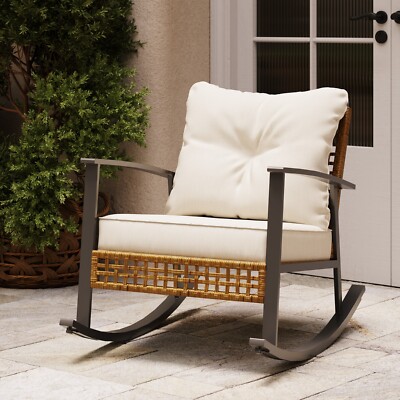 LAUSAINT HOME Patio Wicker Rocker with Thick Cushions, Modern Cozy Lounge Chair-image